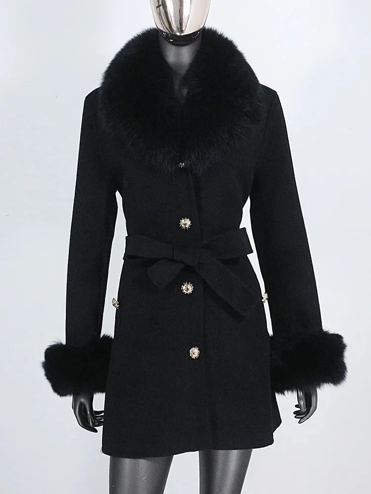 Women's Shawl Collar Fox Fur Wool & Cashmere Coat