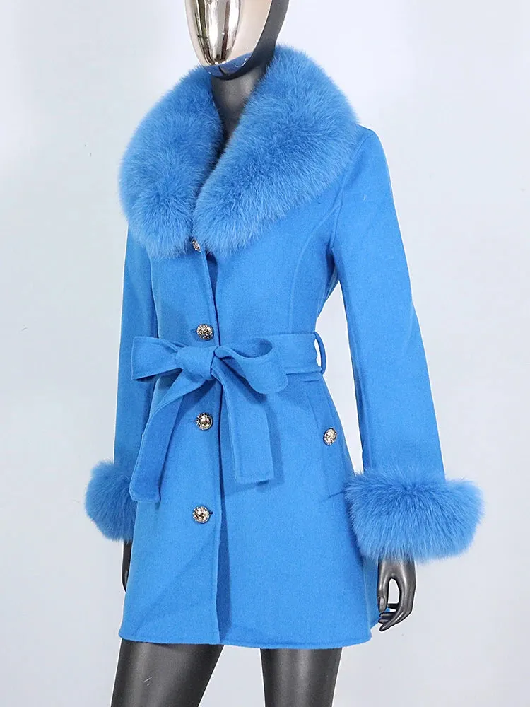 Women's Shawl Collar Fox Fur Wool & Cashmere Coat