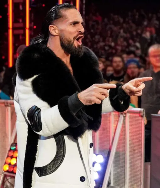 Wrestler Seth Colby Lopez Black Faux Fur Collar White Coat