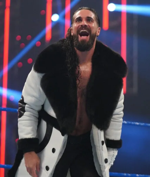 Wrestler Seth Colby Lopez Black Faux Fur Collar White Coat