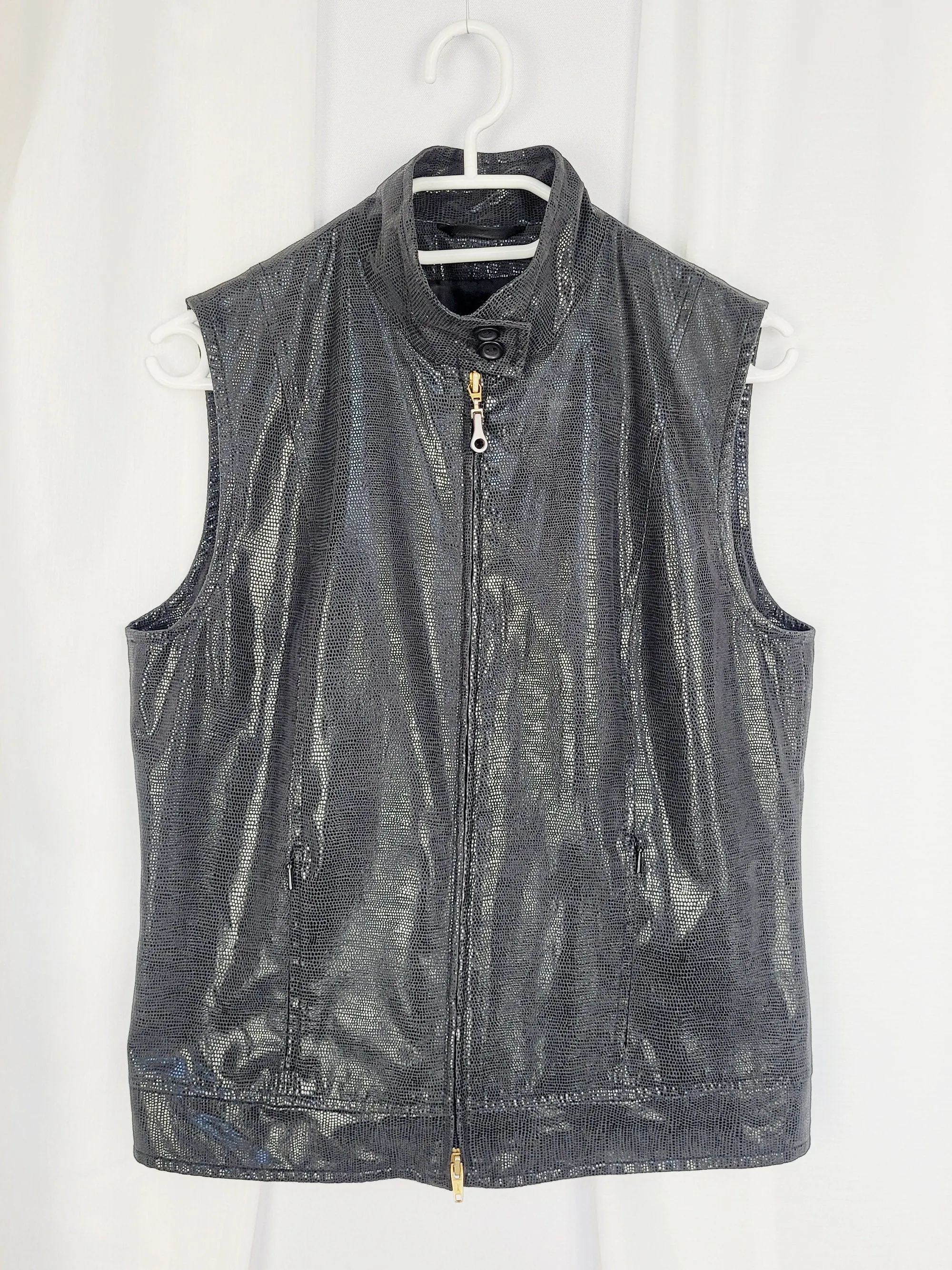 Y2K 00s black wet look glossy reptile pattern zip vest gilet