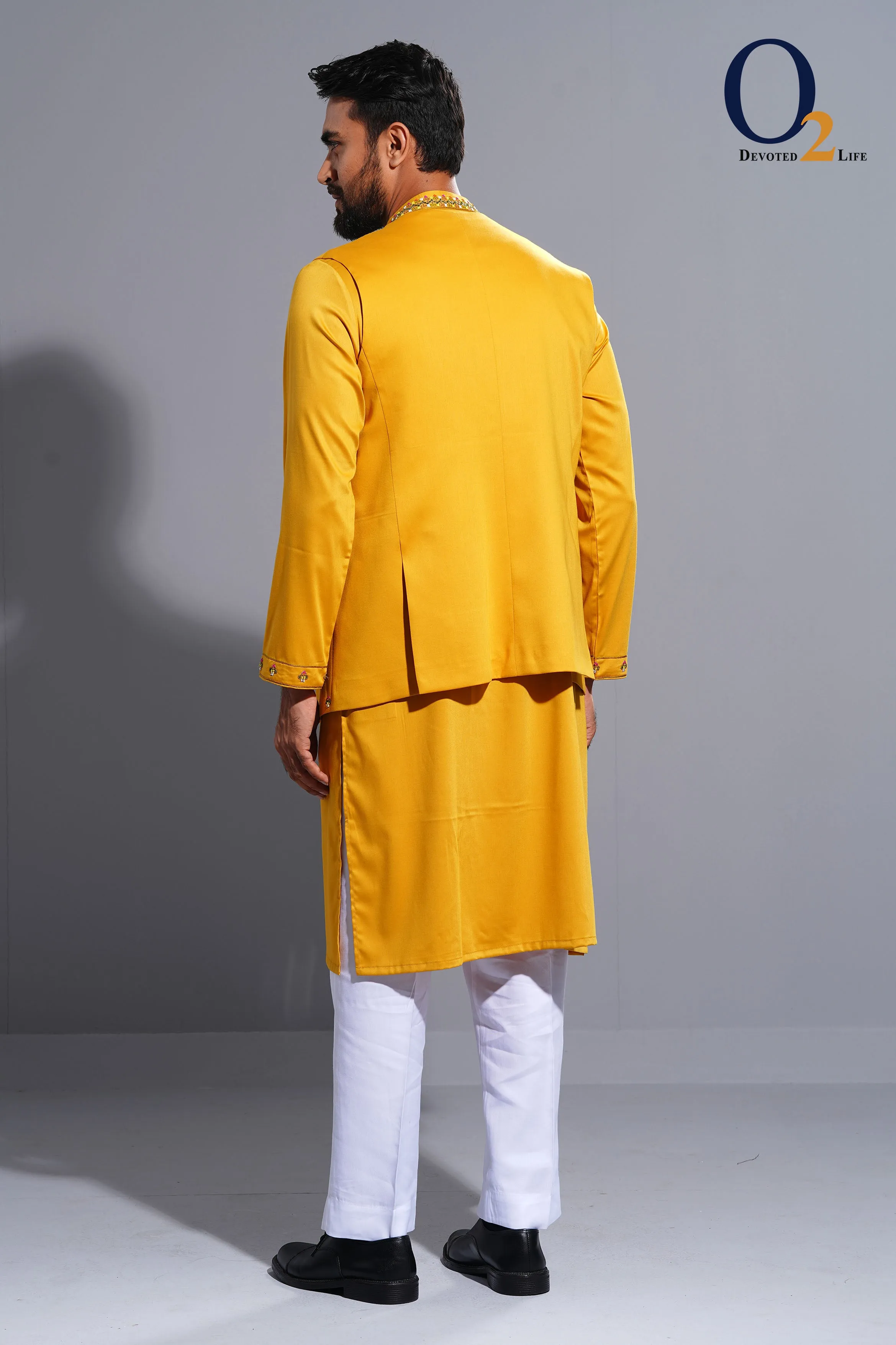 Yellow Zardozi handwork V-Neck open long vest