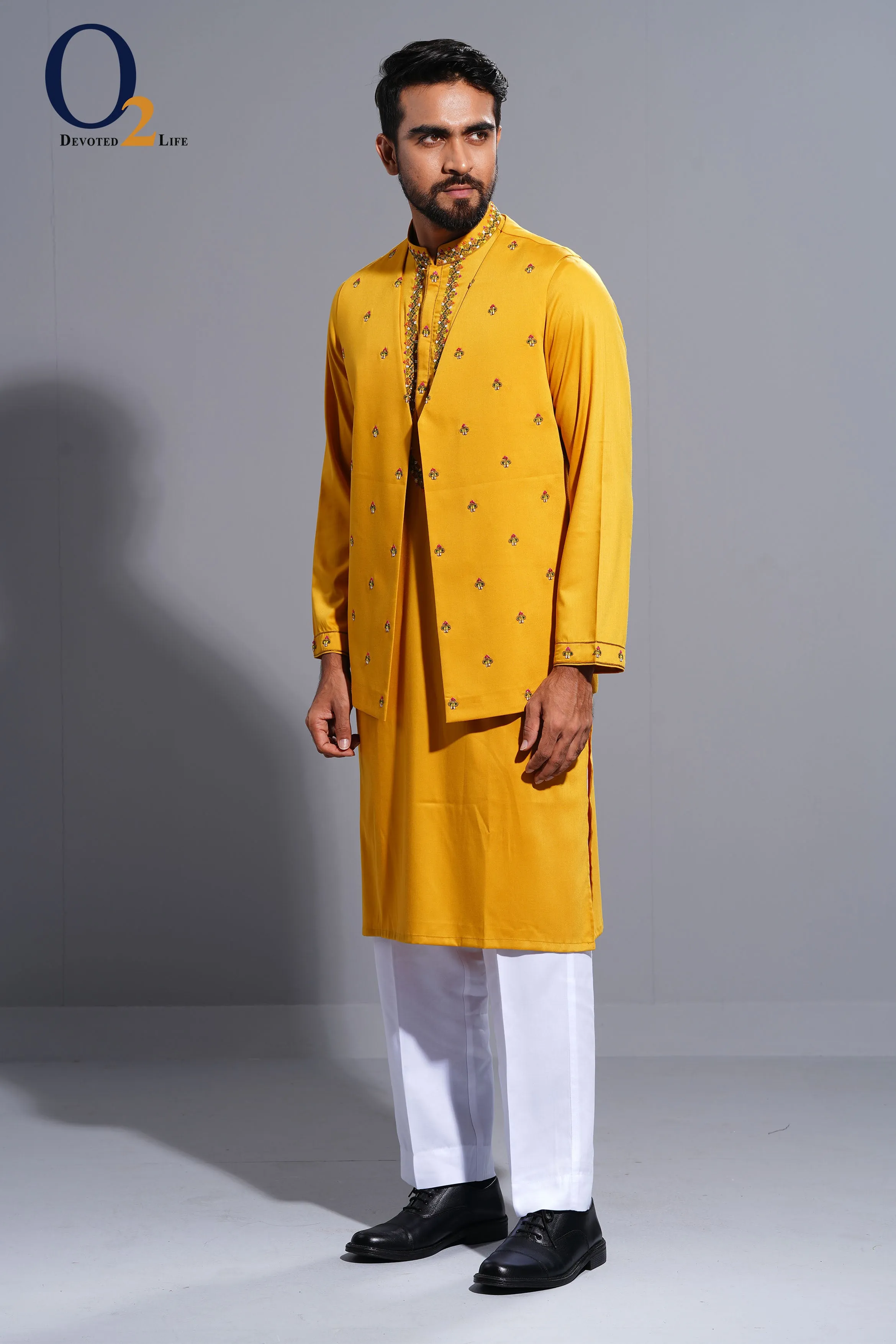 Yellow Zardozi handwork V-Neck open long vest