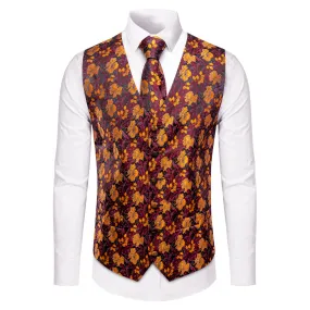 YourTies Burgundy Vest Orange Jacquard Floral Men's Waistcoat Tie Set