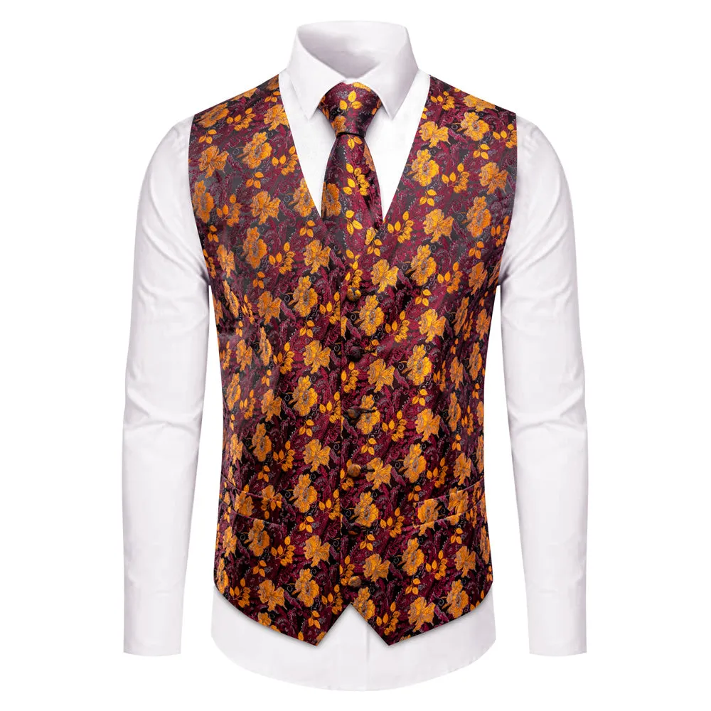 YourTies Burgundy Vest Orange Jacquard Floral Men's Waistcoat Tie Set