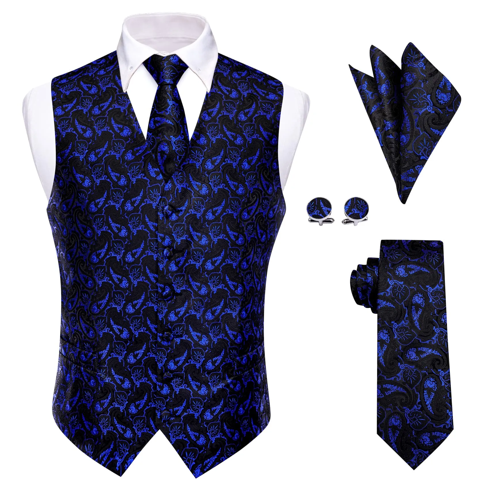 YourTies Royal Blue Waistcoat Paisley Black Sleeveless Vest Tie Set