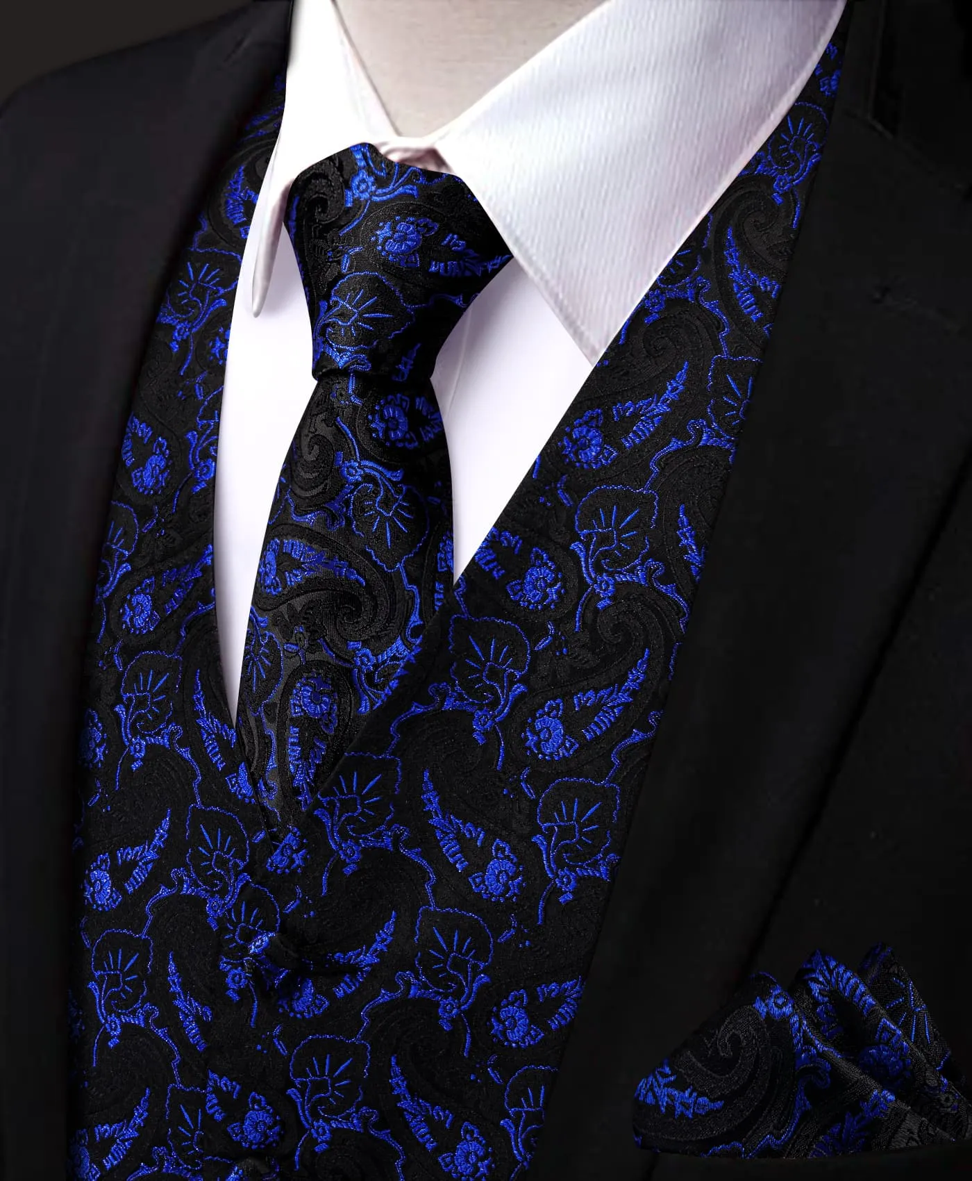 YourTies Royal Blue Waistcoat Paisley Black Sleeveless Vest Tie Set