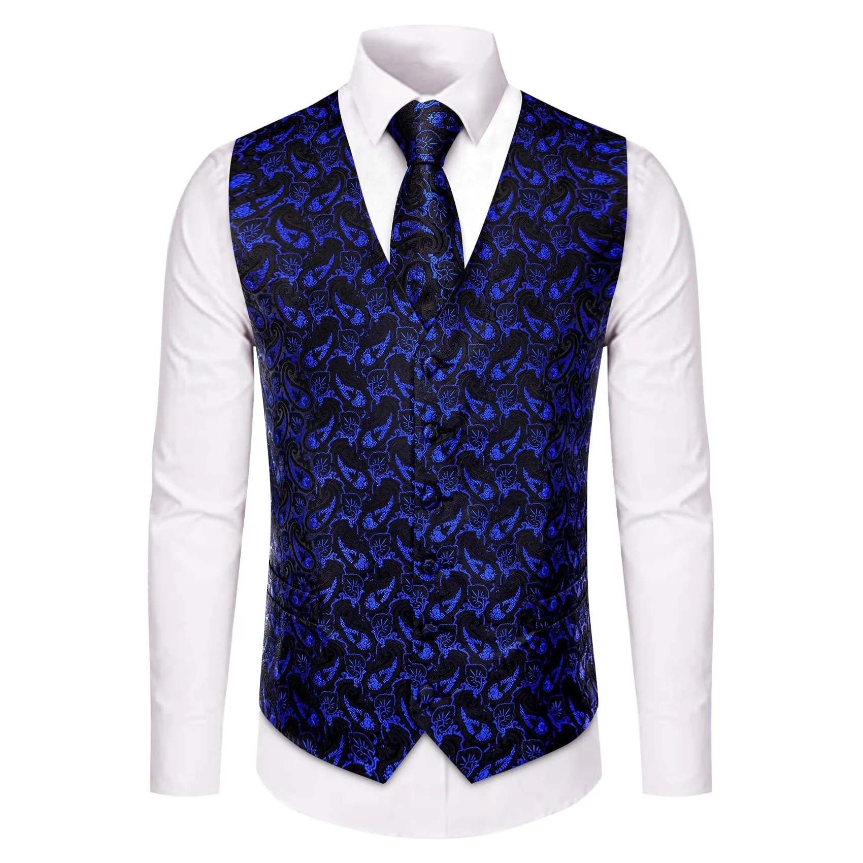 YourTies Royal Blue Waistcoat Paisley Black Sleeveless Vest Tie Set