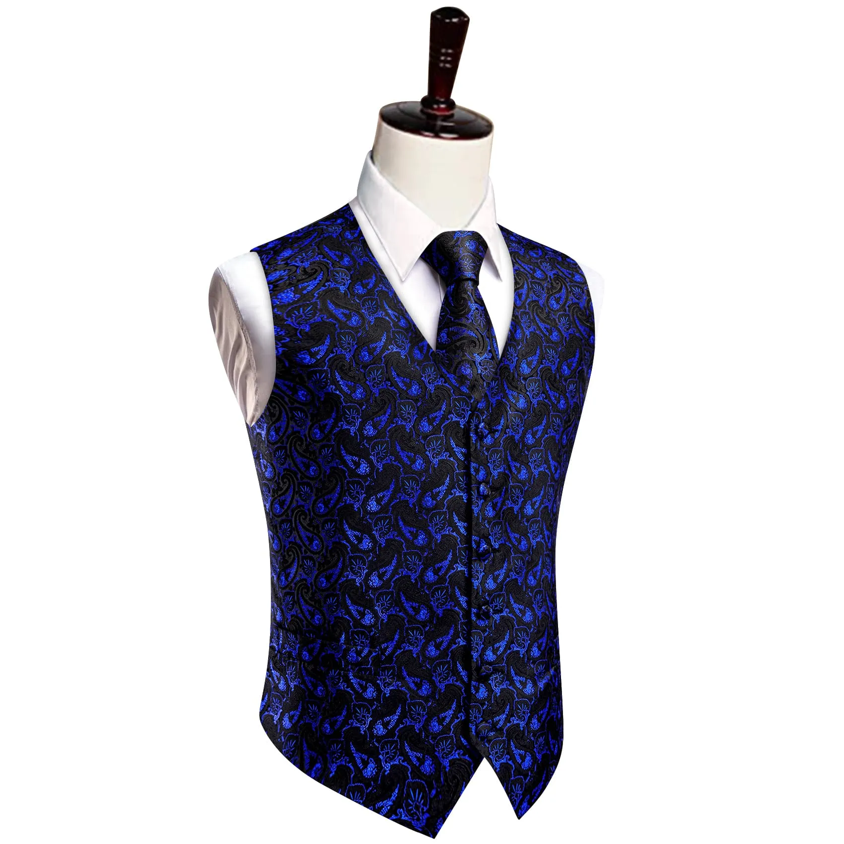 YourTies Royal Blue Waistcoat Paisley Black Sleeveless Vest Tie Set